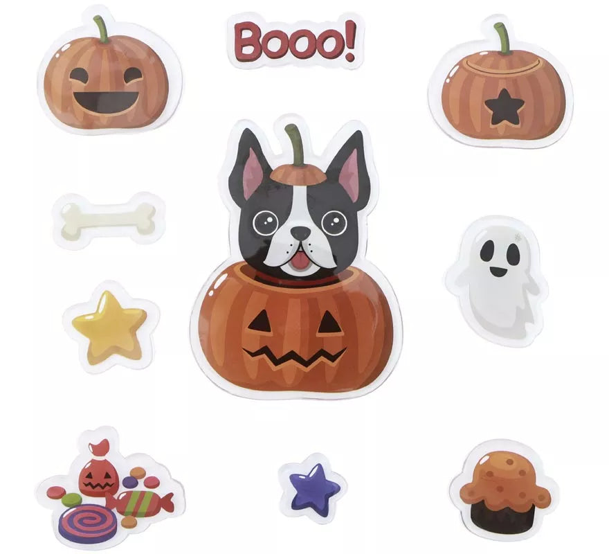 10 Pegatinas de Gel Calabaza con Perrito y Fantasma modelos surtidos