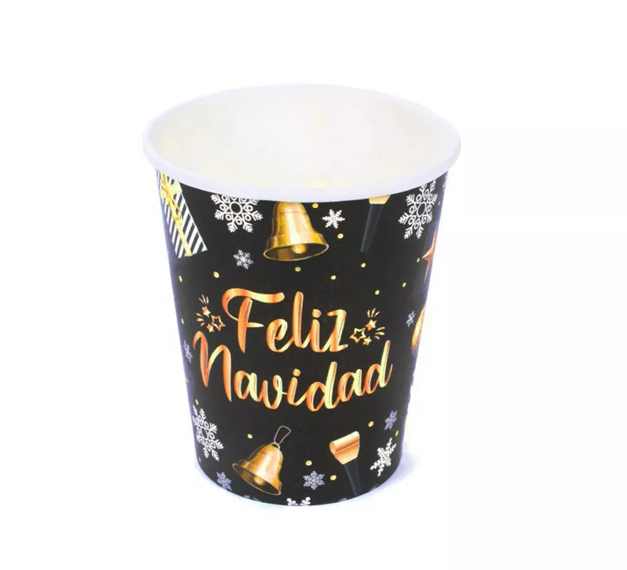Translation missing: es.12 Vasos Negros y Dorados de papel de Feliz Navidad de 270 ml