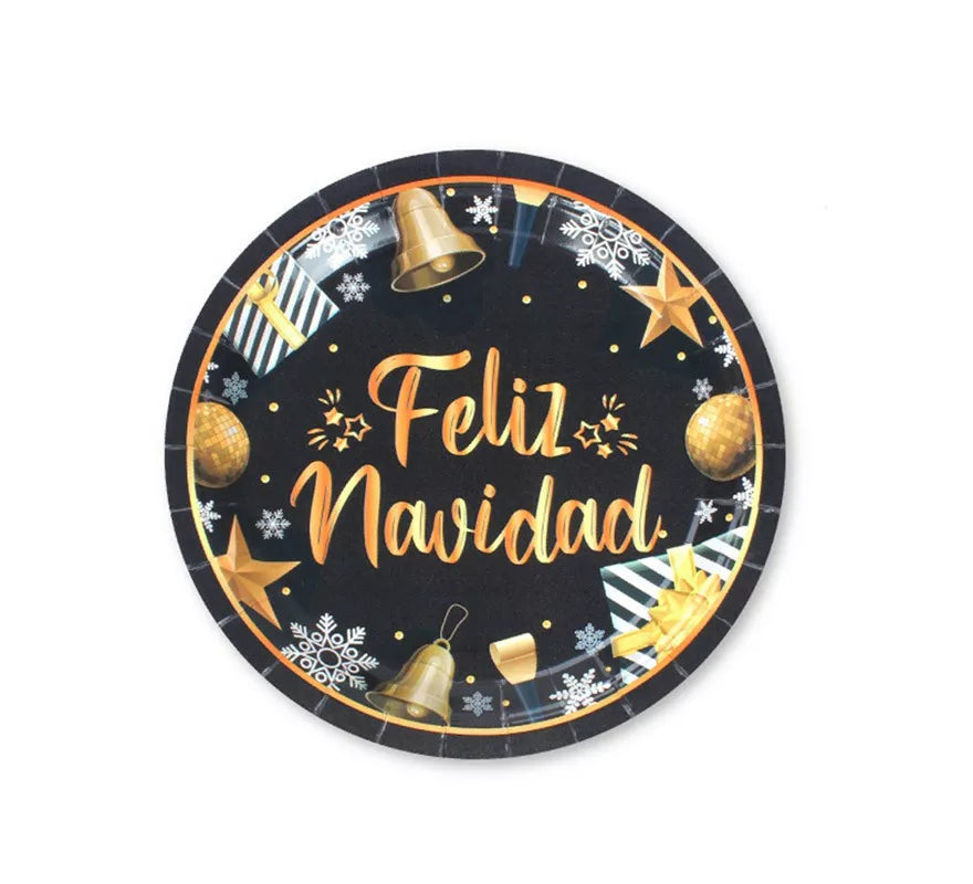 Translation missing: es.6 Platos de papel Negros y Dorados de Feliz Navidad de 18 cm