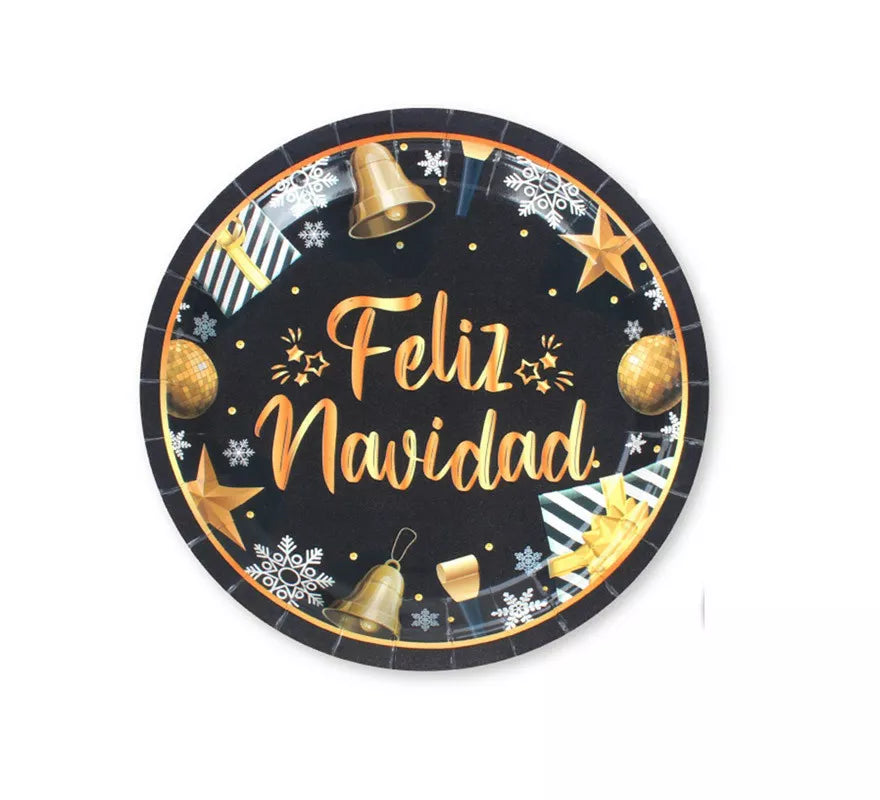 Translation missing: es.6 Platos de papel Negros y Dorados de Feliz Navidad de 23 cm