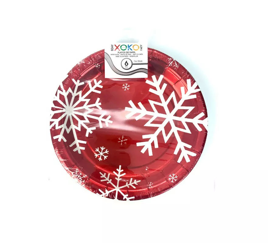 Translation missing: es.6 Platos de papel Rojo con Copos de Nieve de 18 cm