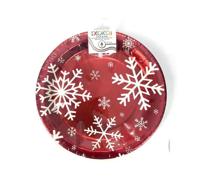 Translation missing: es.6 Platos de papel Rojo con Copos de Nieve de 23 cm