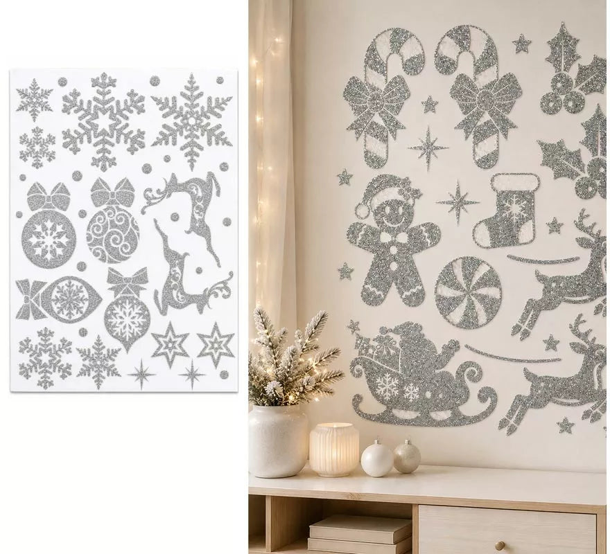 Adhesivo Decorativo Navideño con Purpurina plateada de 30x40 cm