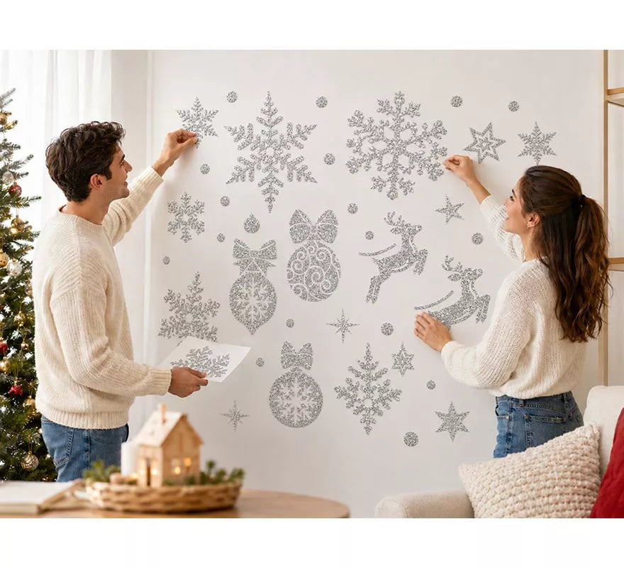 Adhesivo Decorativo Navideño con Purpurina plateada de 30x40 cm