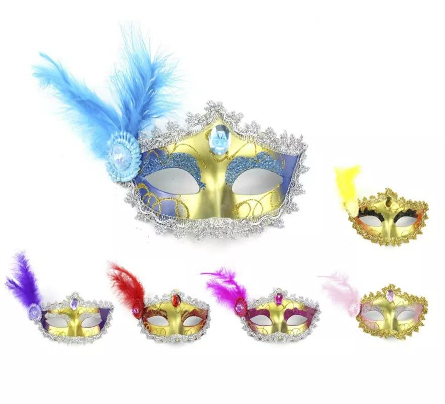 Translation missing: es.Antifaz Carnaval dorado con plumas colores surtidos