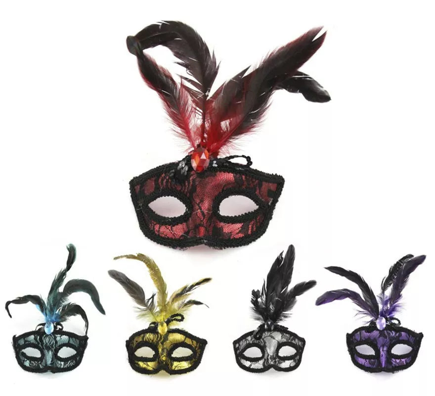 Translation missing: es.Antifaz Carnaval encaje negro con plumas colores surtidos