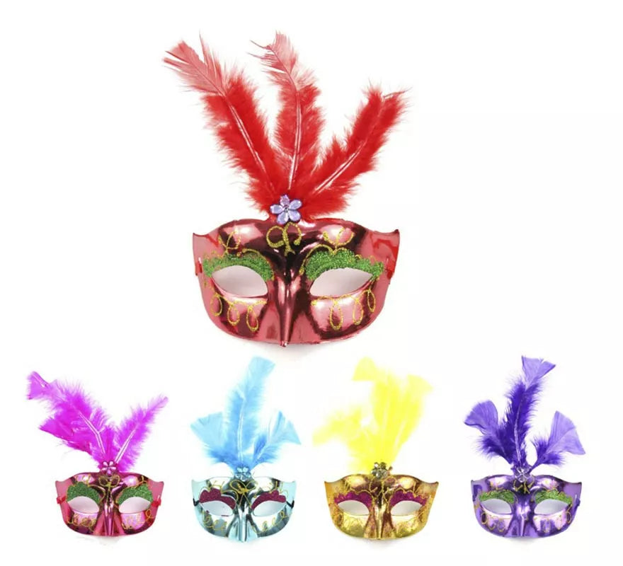 Translation missing: es.Antifaz Carnaval metalizado con plumas colores surtidos
