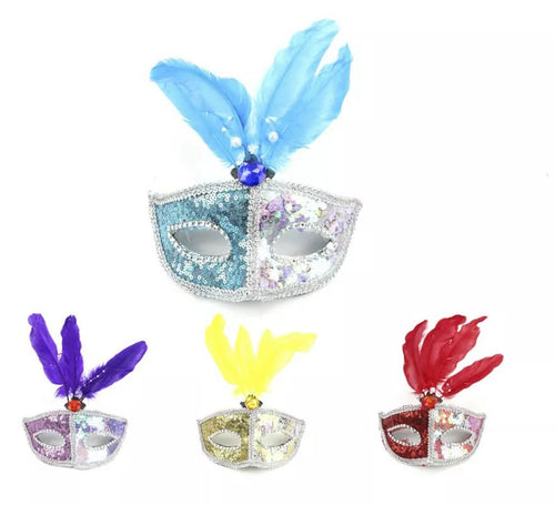 Antifaz Carnaval plateado con plumas colores surtidos