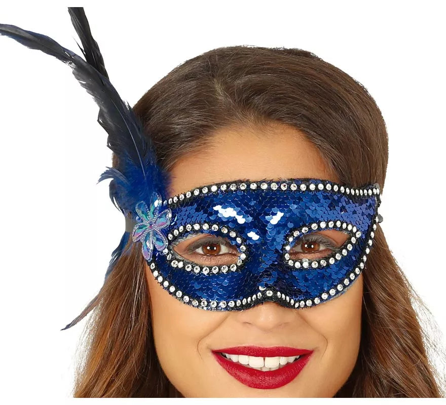 Translation missing: es.Antifaz de Lentejuelas Azul con Plumas