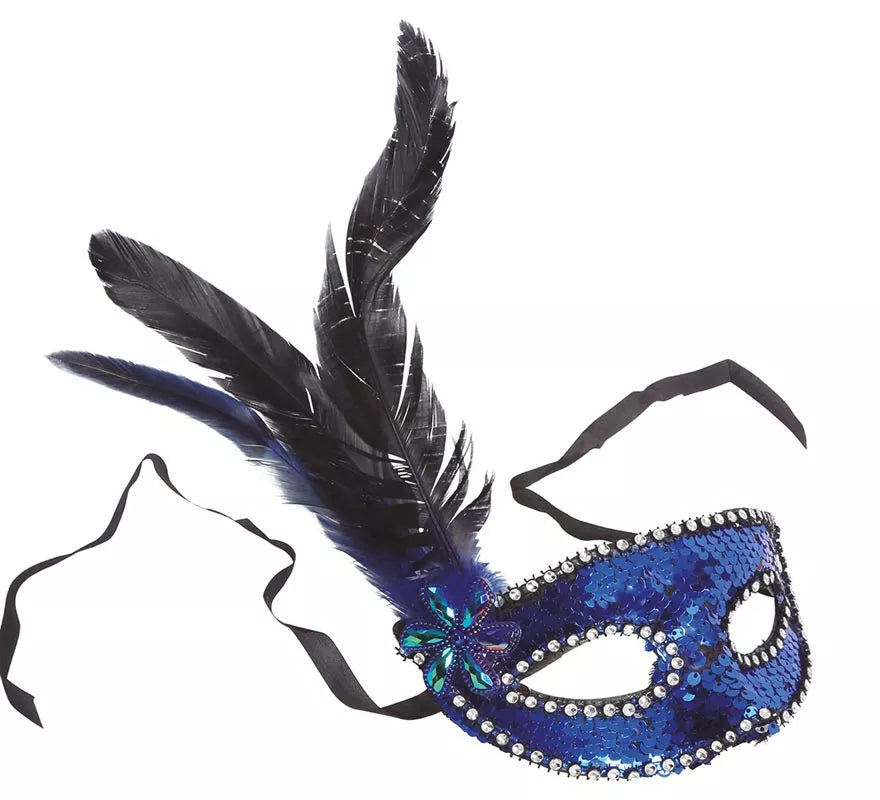 Translation missing: es.Antifaz de Lentejuelas Azul con Plumas