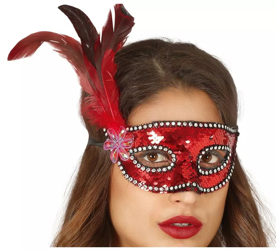 Translation missing: es.Antifaz de Lentejuelas Rojo con Plumas