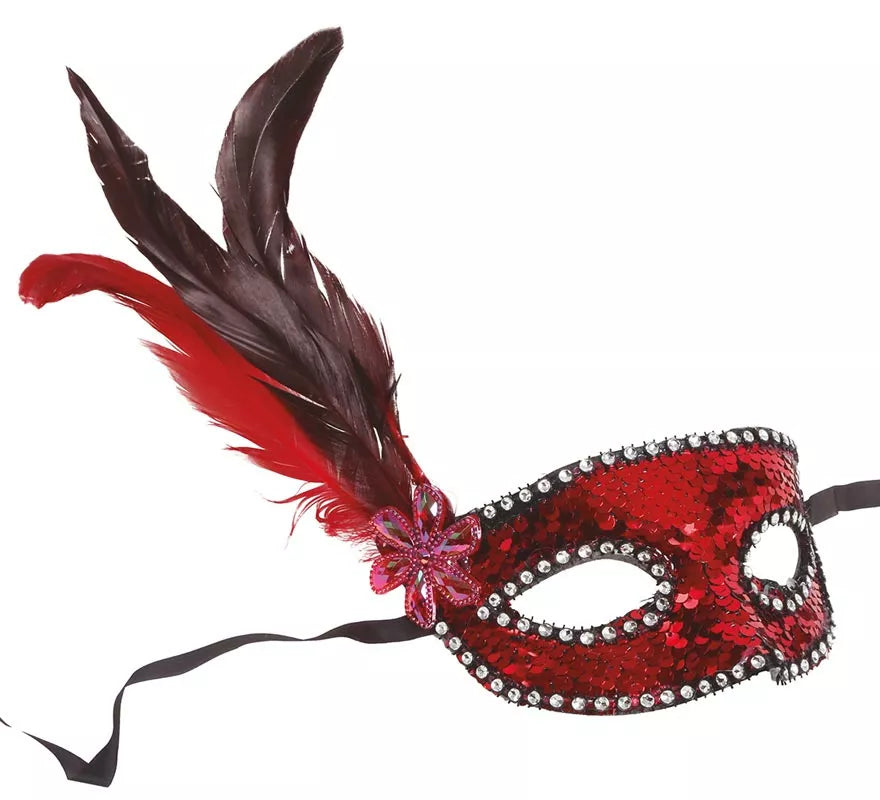 Translation missing: es.Antifaz de Lentejuelas Rojo con Plumas