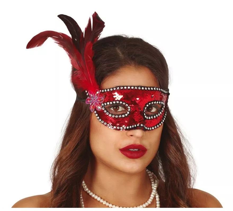 Translation missing: es.Antifaz de Lentejuelas Rojo con Plumas