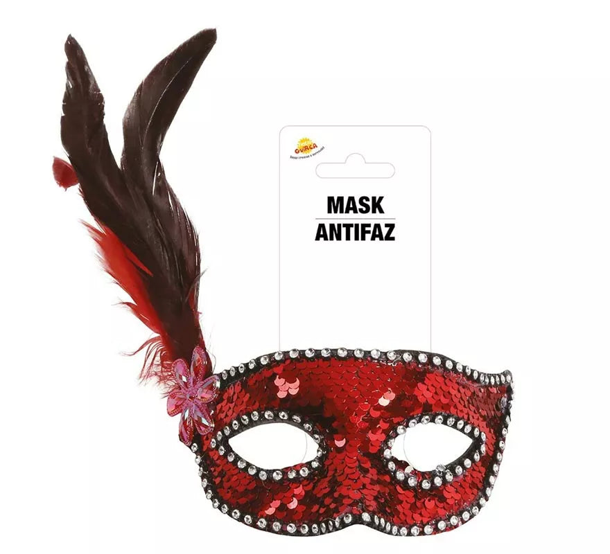 Translation missing: es.Antifaz de Lentejuelas Rojo con Plumas