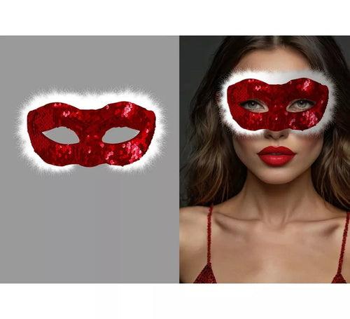 Antifaz de Mamá Noel con Lentejuelas rojas y Pelo blanco