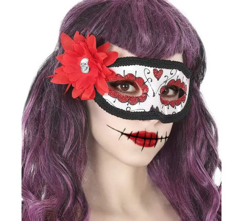 Antifaz del Día de los Muertos con Flor Roja