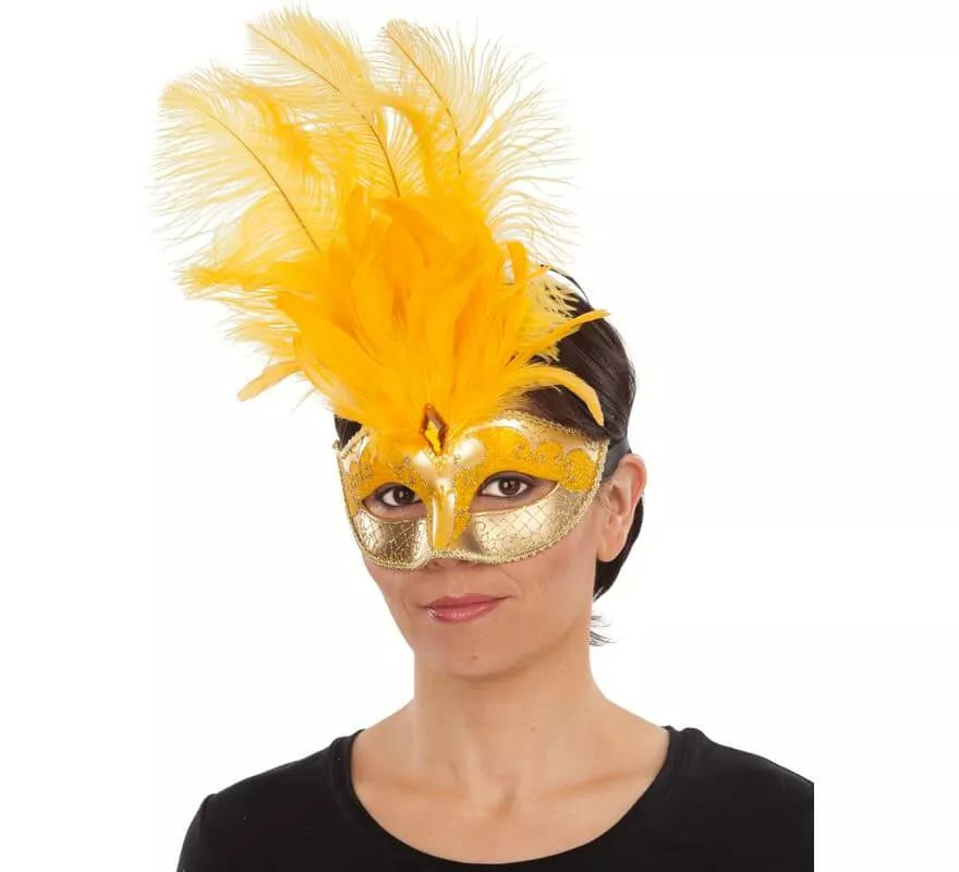 Translation missing: es.Antifaz Veneciano Amarillo con Pluma