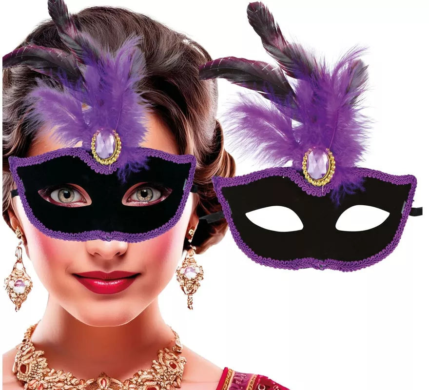 Translation missing: es.Antifaz Veneciano negro con Plumas lilas