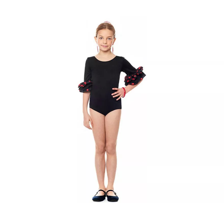 Translation missing: es.Body o maillot Sevillana con Volante Lunar negro y rojo para niña