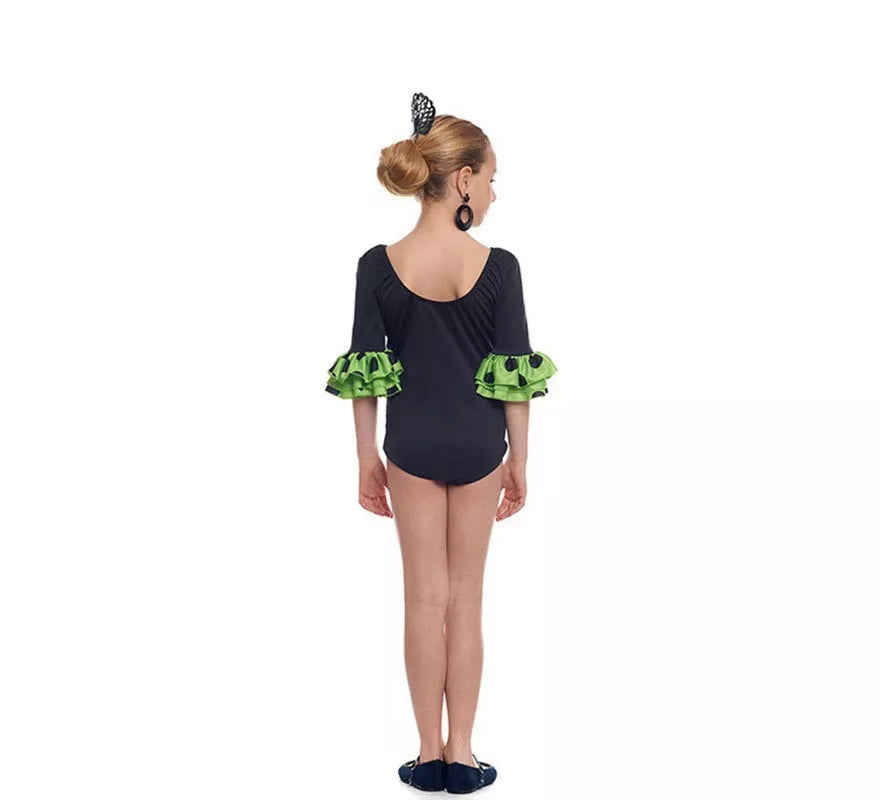Translation missing: es.Body o maillot Sevillana con Volante Lunar negro y verde para niña