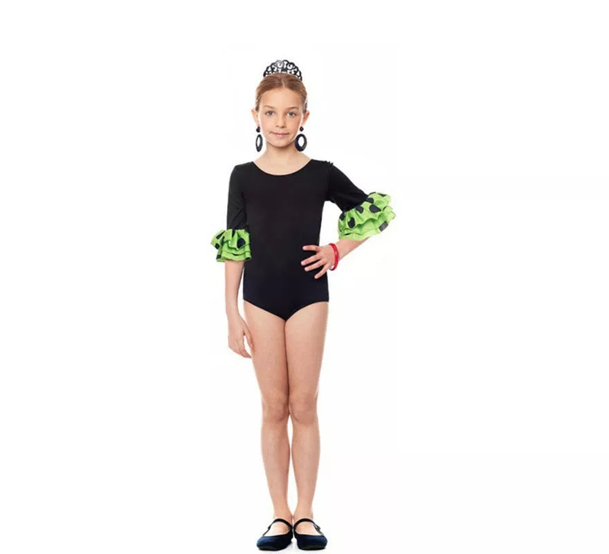 Translation missing: es.Body o maillot Sevillana con Volante Lunar negro y verde para niña