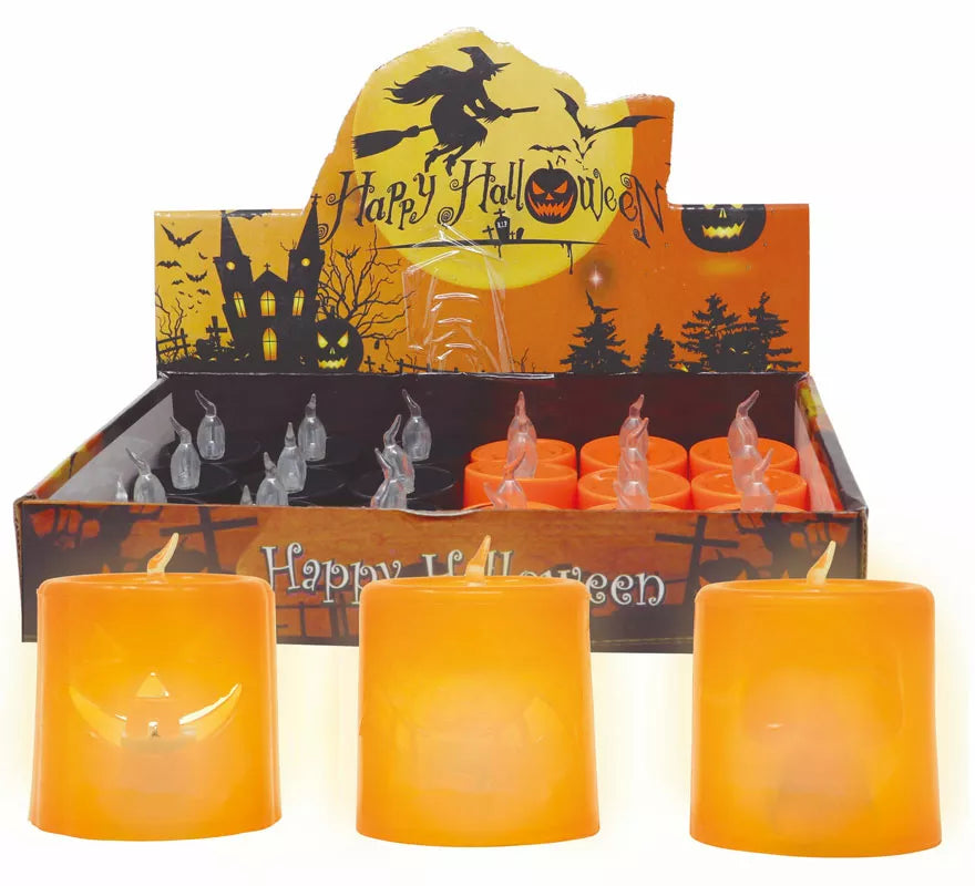 Translation missing: es.Caja de 12 Velas Naranja y Negra con Luz de 4.5X4.5 cm