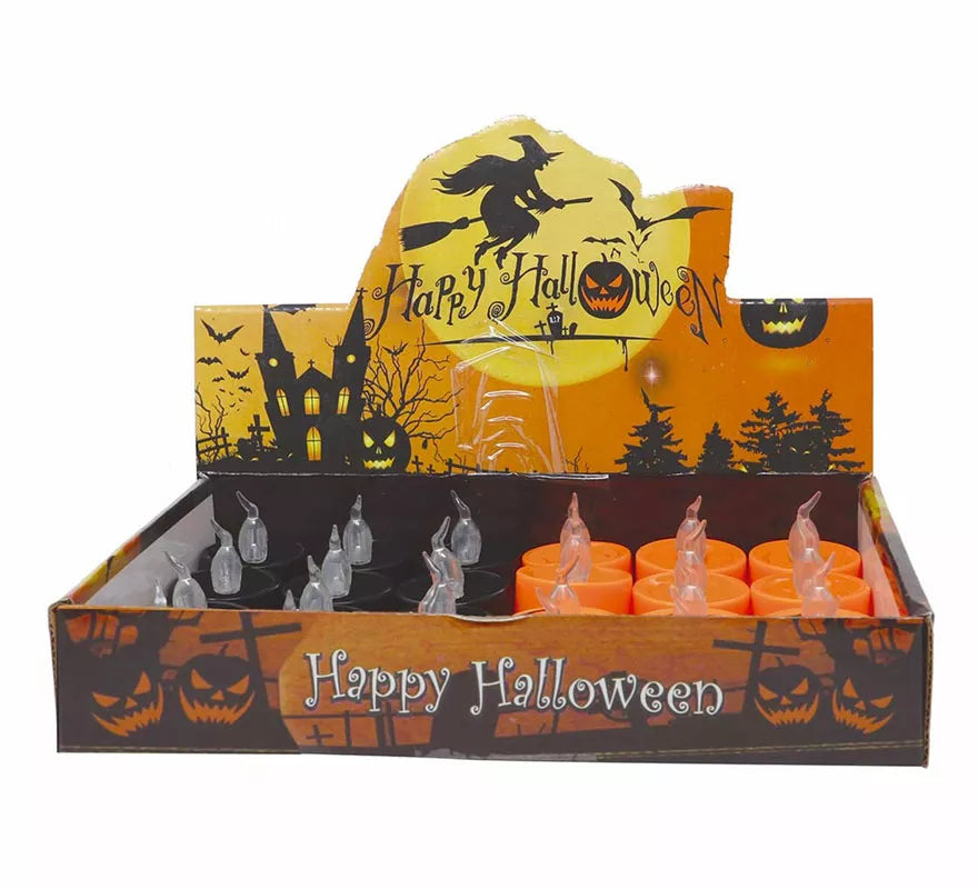 Translation missing: es.Caja de 12 Velas Naranja y Negra con Luz de 4.5X4.5 cm