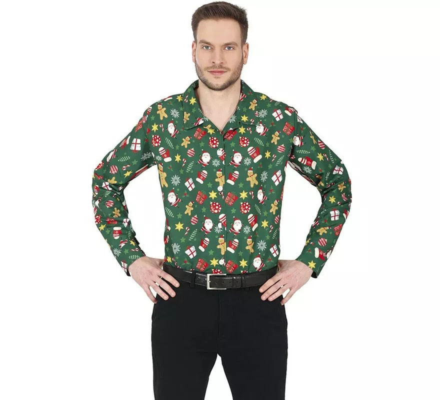 Translation missing: es.Camisa de Navideña verde estampado para hombre