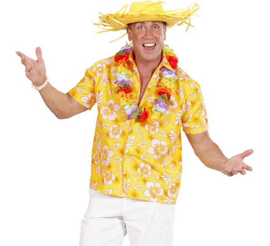 Camisa manga corta Hawaiana con Flores amarilla para hombre
