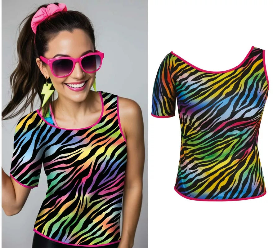 Translation missing: es.Camiseta Cebra multicolor Años 80 para mujer