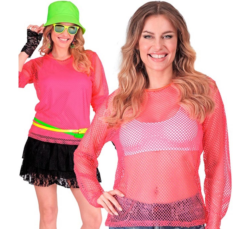 Camiseta manga larga de Malla rosa neón para mujer