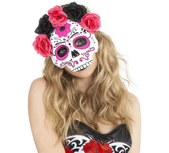 Careta Catrina con Flores Rosas y Negras