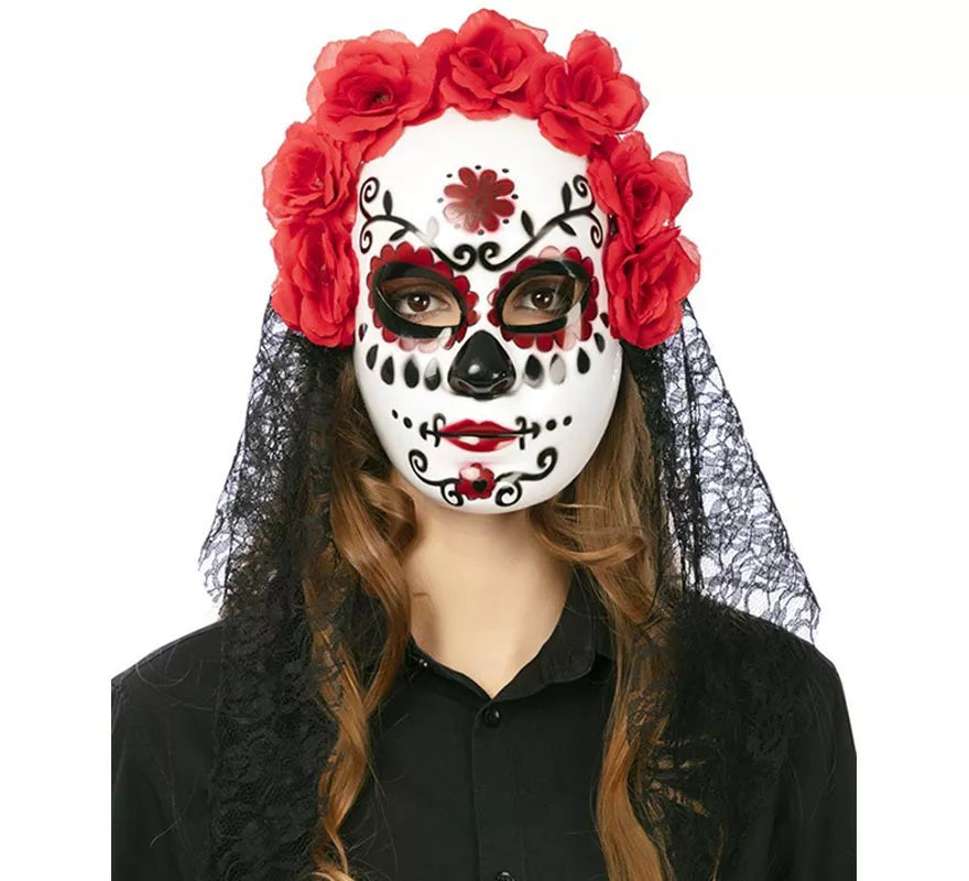 Careta Catrina con flores y velo adulto de 27x24 cm