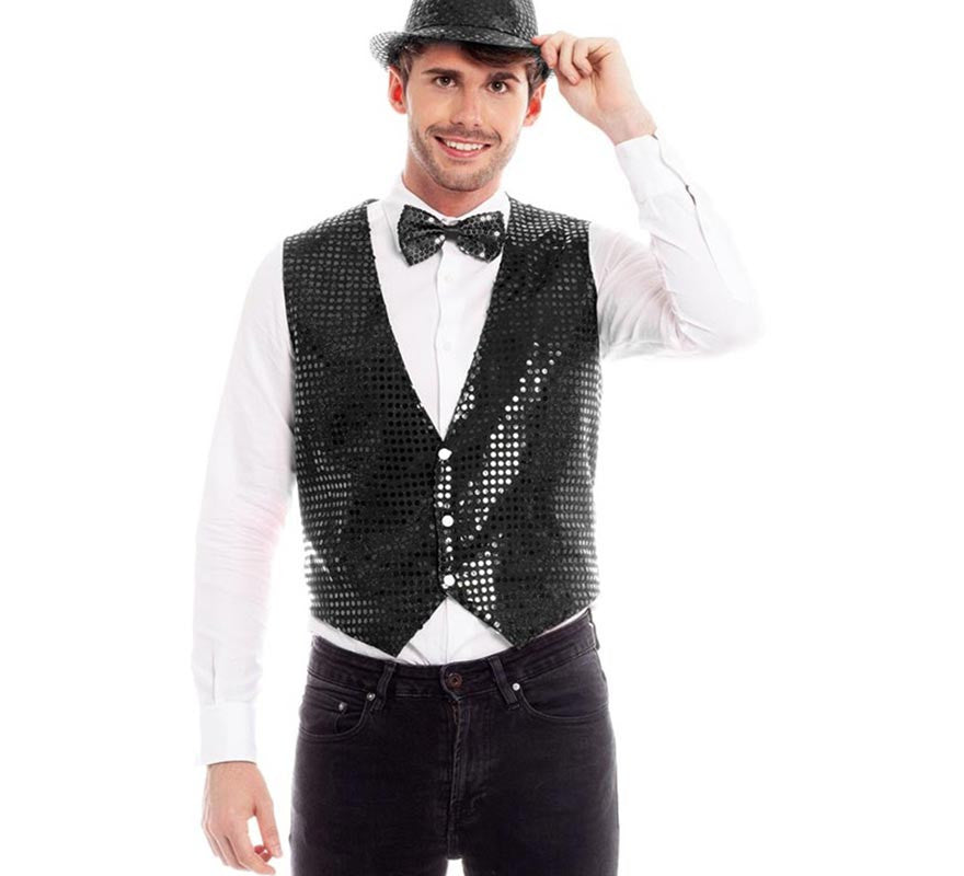 Translation missing: es.Chaleco Lentejuelas negro elegante para hombre