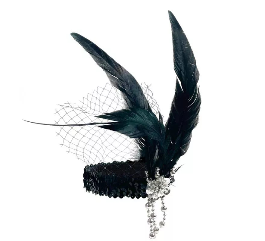 Translation missing: es.Cinta Charlestón negra con plumas y velo años 20