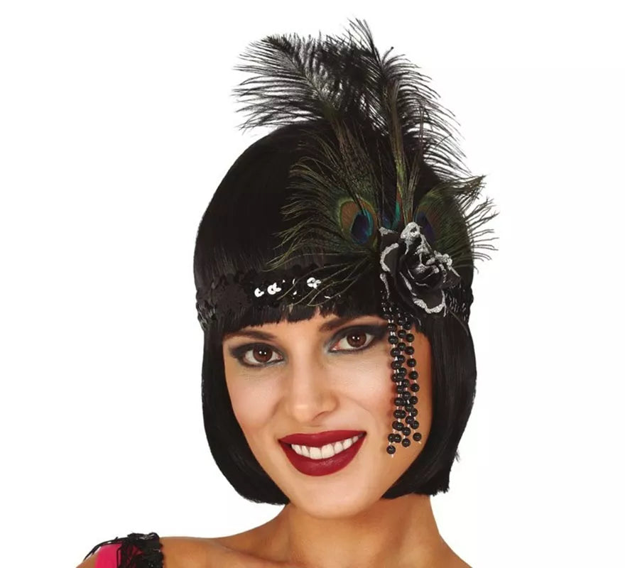 Cinta de Lentejuelas Negra con Plumas