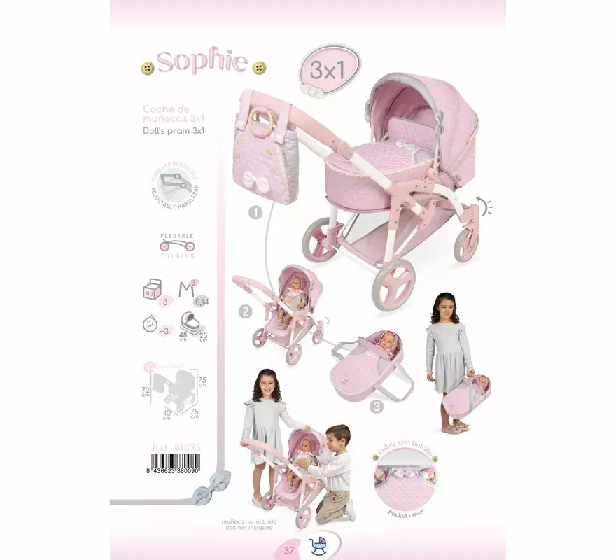 Coche de Muñecas de hasta 48 cm 3 en 1 Plegable