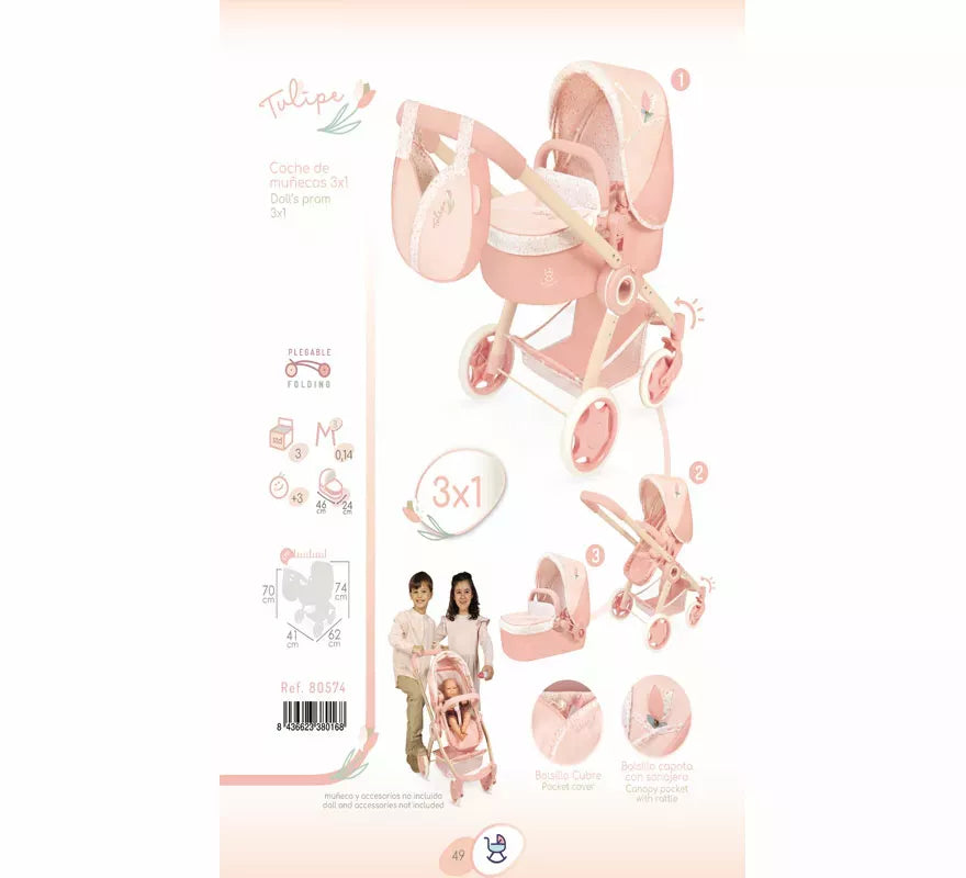 Coche de Muñecas de hasta 48 cm 3 en 1 Plegable con Bolso