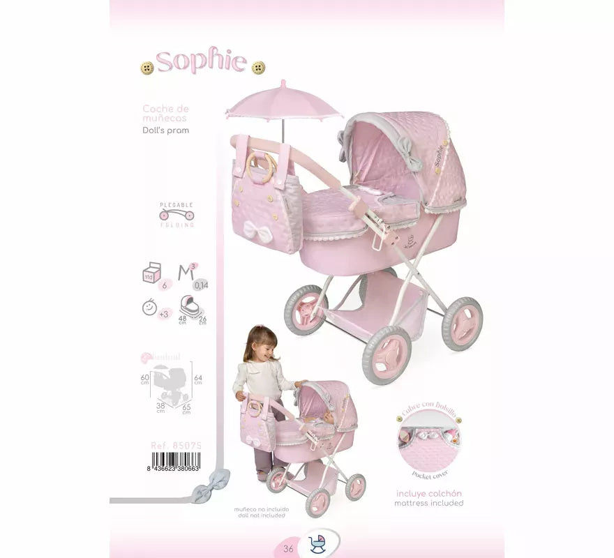 Coche de Muñecas de hasta 48 cm Plegable con Sombrilla y Bolso