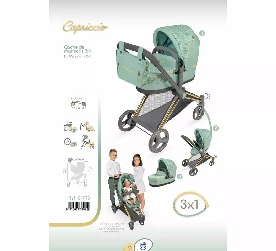 Coche de Muñecas de hasta 50 cm 3 en 1 Plegable