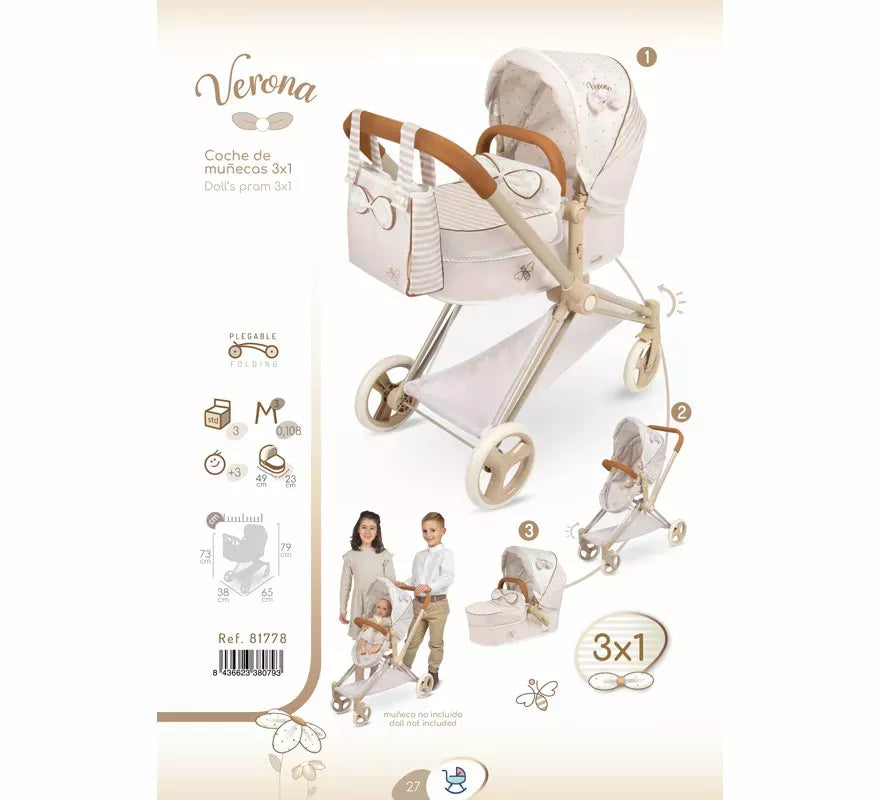 Coche de Muñecas de hasta 50 cm 3 en 1 Plegable