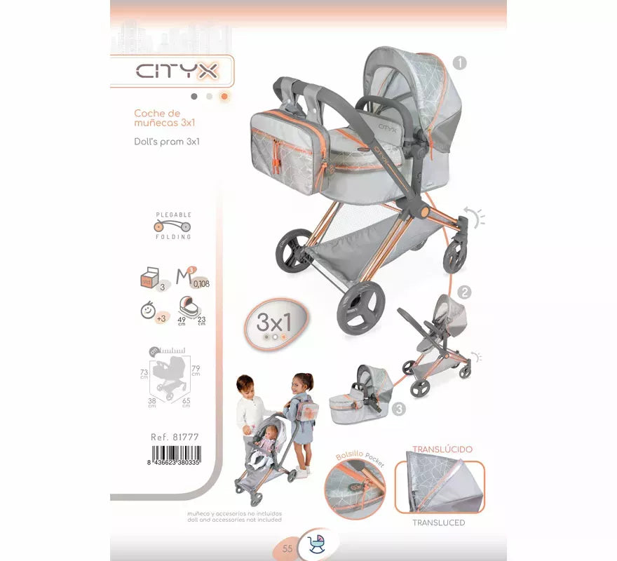 Coche de Muñecas de hasta 50 cm 3 en 1 Plegable