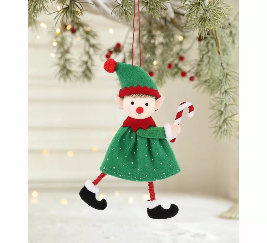 Colgante Navideño de Elfo con Bastón de Caramelo de 16 cm