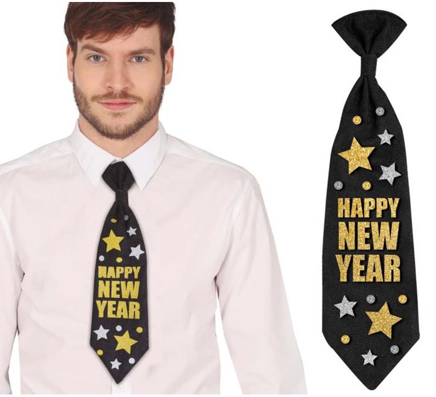 Translation missing: es.Corbata 'Happy New Year' negro y dorado de 38 cm