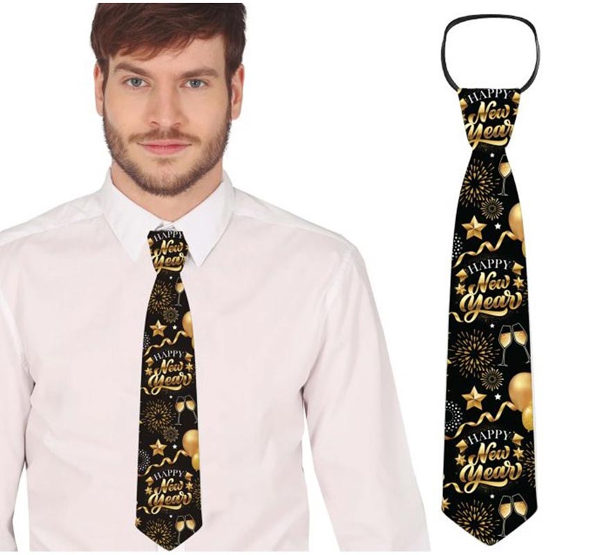 Translation missing: es.Corbata Happy New Year negro y dorado de 45 cm