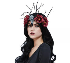 Diadema de Calavera y Pluma de pájaro con flores