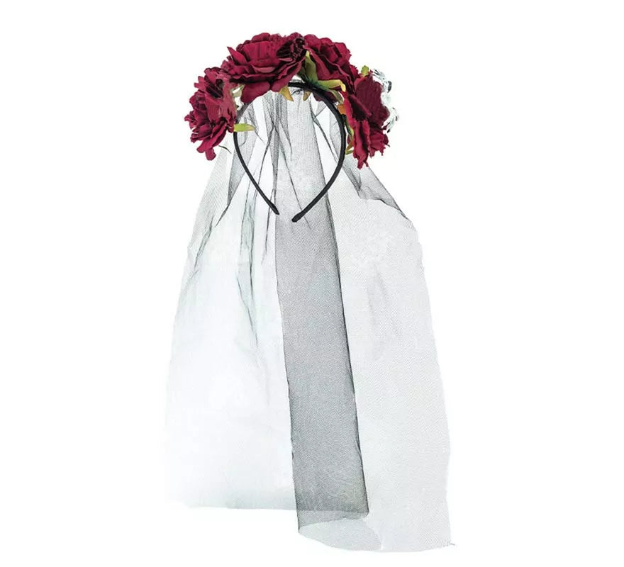 Translation missing: es.Diadema de Catrina con Flores rosas con velo