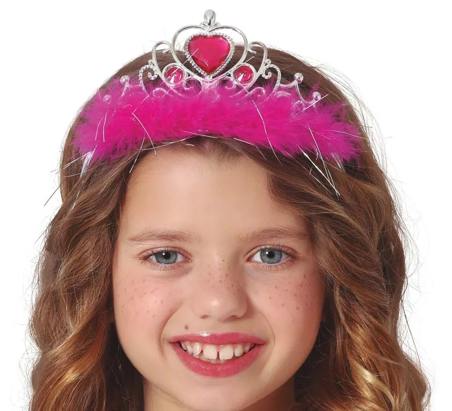 Translation missing: es.Diadema de Corazón rojo y plateada Pluma fucsia infantil