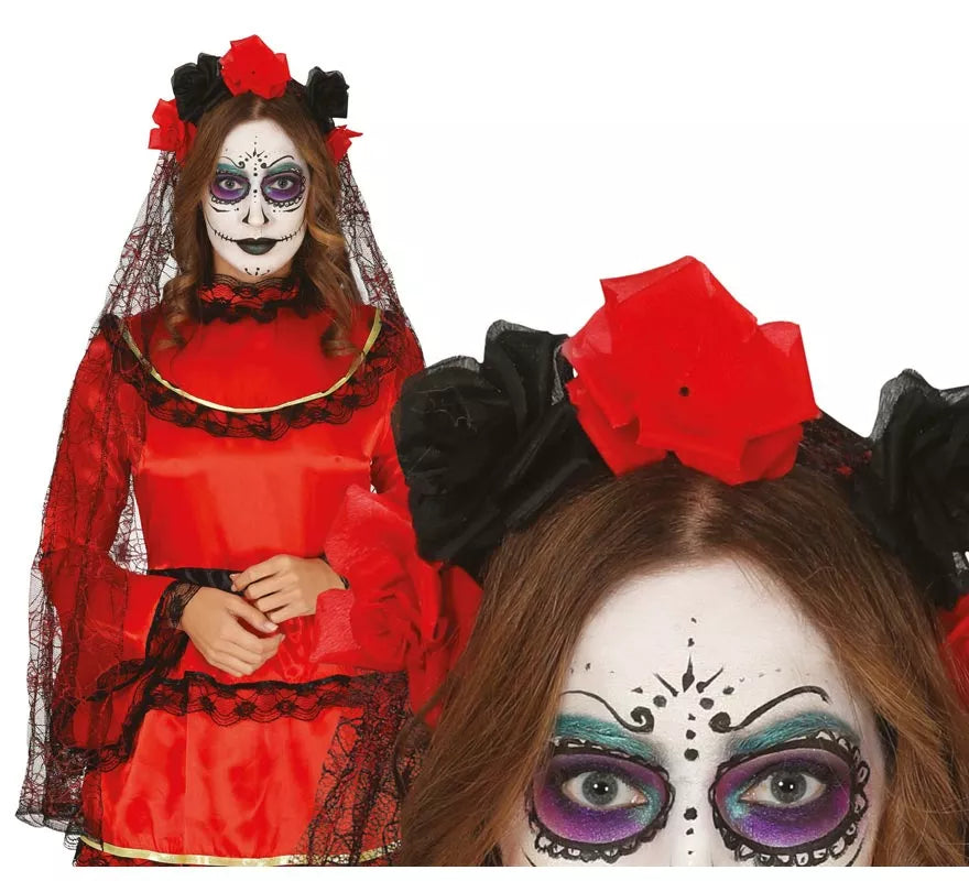 Translation missing: es.Diadema de Flores Negras y Rojas con Velo