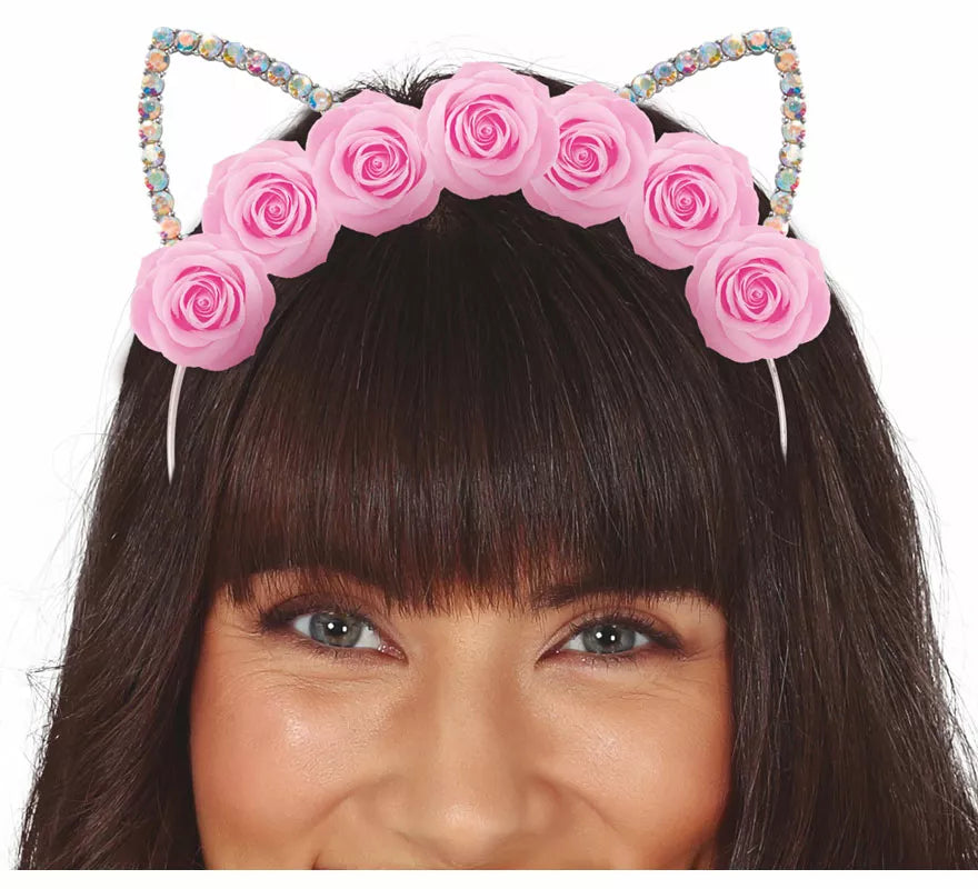 Diadema de Gata con flores metálica adulto